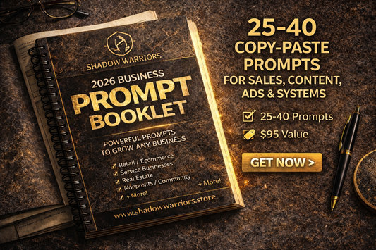 Prompt booklet titled '2026 Business Prompt Booklet' with promotional text on a rustic background.