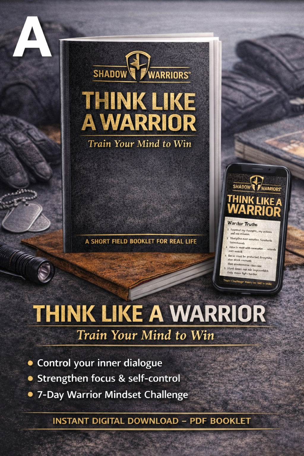 Book titled 'Think Like a Warrior' with smartphone displaying content on a dark background