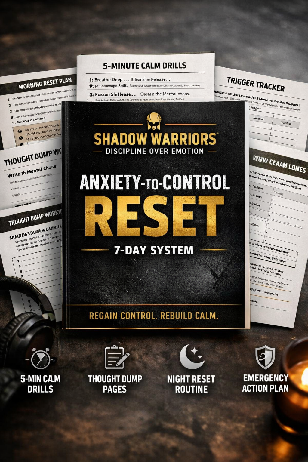 Book titled 'Anxiety-to-Control Reset 7-Day System' by Shadow Warriors on a dark surface with papers and a helmet.