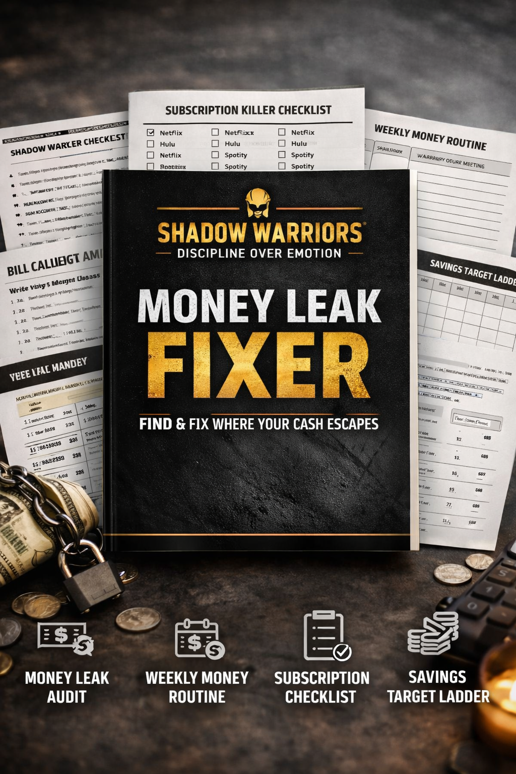 Book titled 'Money Leak Fixer' by Shadow Warriors on a dark surface with money and documents.