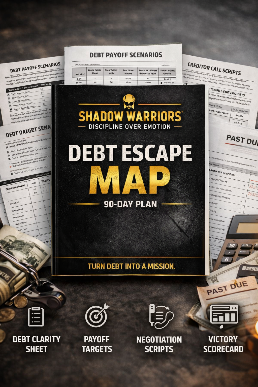 Book titled 'Debt Escape Map' by Shadow Warriors on a textured background with financial documents.