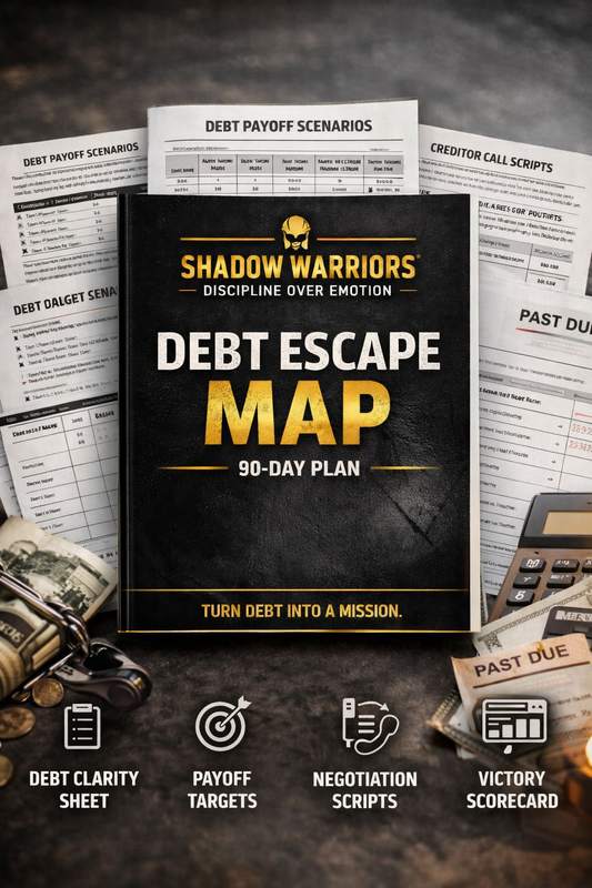 Book titled 'Debt Escape Map' by Shadow Warriors on a textured background with financial documents.