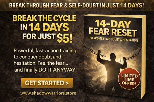 Advertisement for '14-Day Fear Reset' book with a dark background and text about overcoming fear and self-doubt.